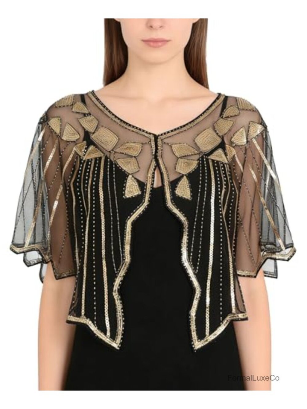 Sequin Capelet Sheer Mesh Flapper Style Evening Dress Cover Up Shawl